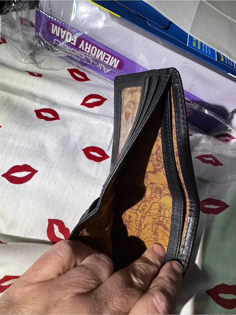 Patricia Nash vintage Classic Black Leather Men's Bi-Fold Wallet with map fabric